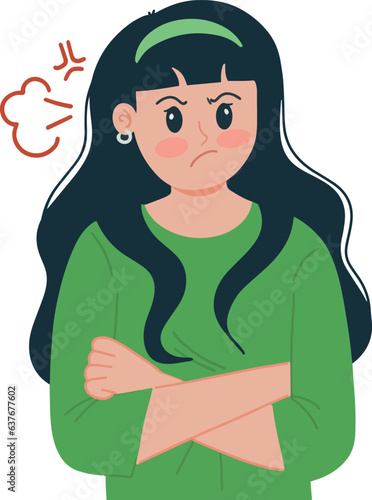 Portrait of pretty woman angry upset with her hands folded in front of her chest illustration