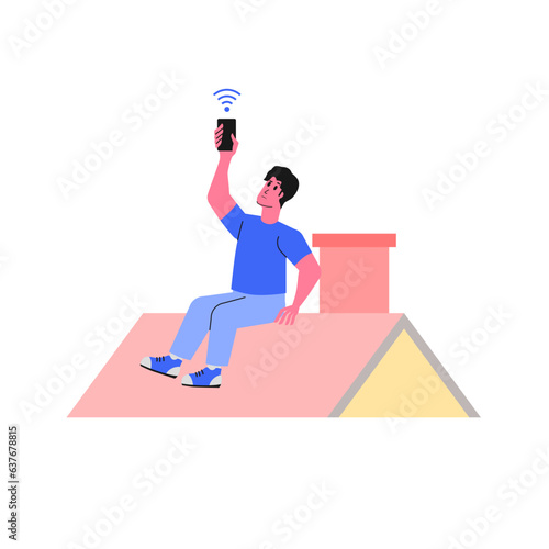 Man on the house tile Roof for search signal concept of disconnect internet empty state illustration