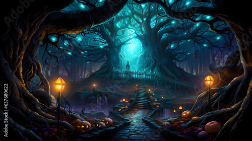 Halloween background with pumpkins tree 