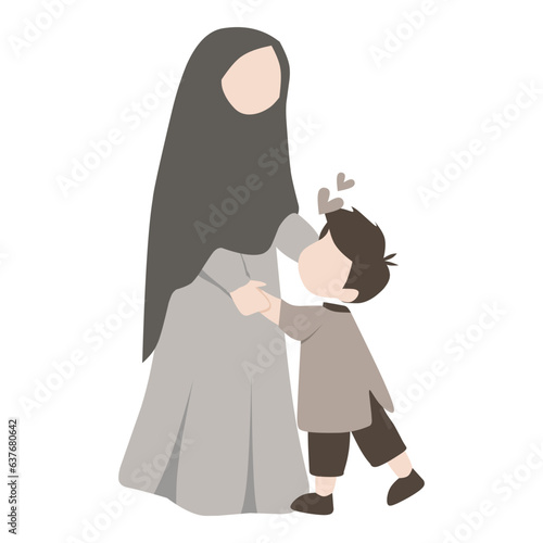 Mother with hijab hug her son. Muslim family portrait vector flat illustration