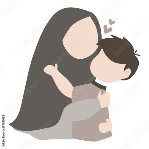 Mother with hijab hug her son. Muslim family portrait vector flat illustration