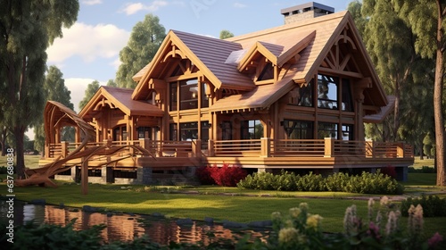 3d rendering of a beautiful wooden house in the forest with trees © andri