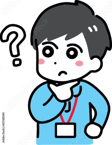 考えている介護スタッフの若い男性(上半身・ポロシャツ)	