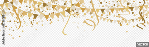 seamless golden colored confetti, garlands and streamers party background