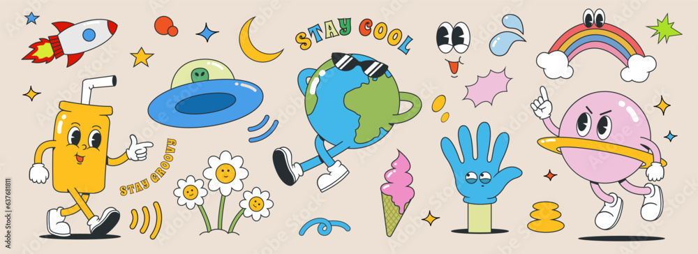 groovy 70s characters and elements. vintage sticker collection, earth, planet, soda, ufo, ice cream, rocket and abstract shape. vector illustration
