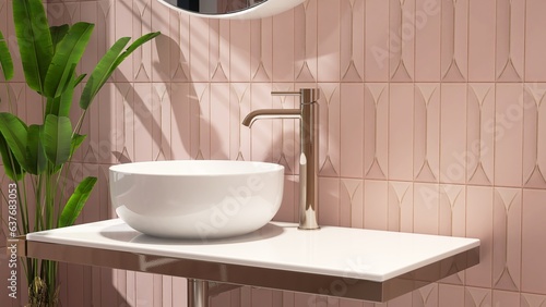 White stone vanity counter, modern bowl washbasin, faucet, tropical banana tree in sunlight, shadow on pink subway tile for luxury beauty, cosmetic, skincare, body care product display background 3D photo