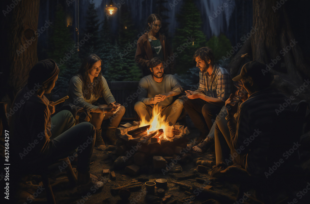 A group of people sitting around the campfire in the night