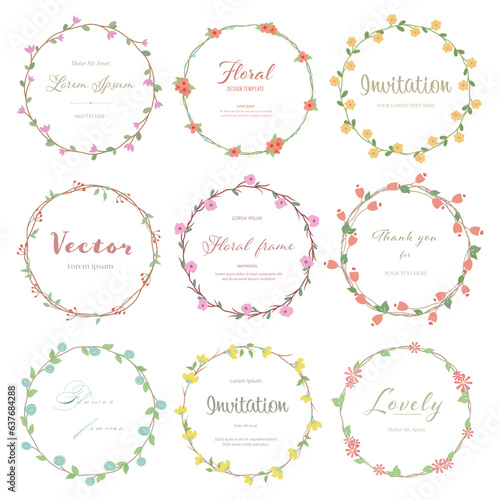 Set of cute flower circle frame. Floral and green leaves flat style. Flowers for decoration concept. Floral vector source for invitation, wedding, greeting card design.