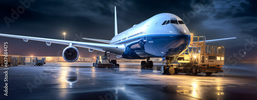 Large passenger aircraft being loaded in the night at airport