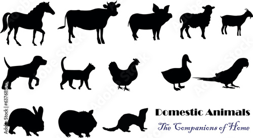  domestic animals silhouette vector illustration isolated on white   horse  cow  goat  donkey  dog  cat  chicken   duck   rabbit   pig  sheep  Guinea pig  Hamster Parrot  Ferret