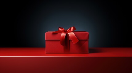 Wrapped red gift box with a bow on a dark background, minimalism