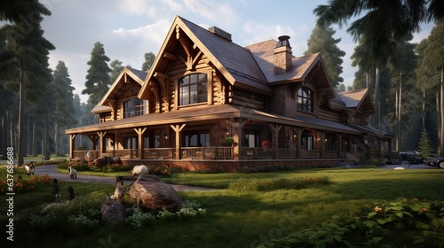 3d rendering of a beautiful wooden house in the forest with trees