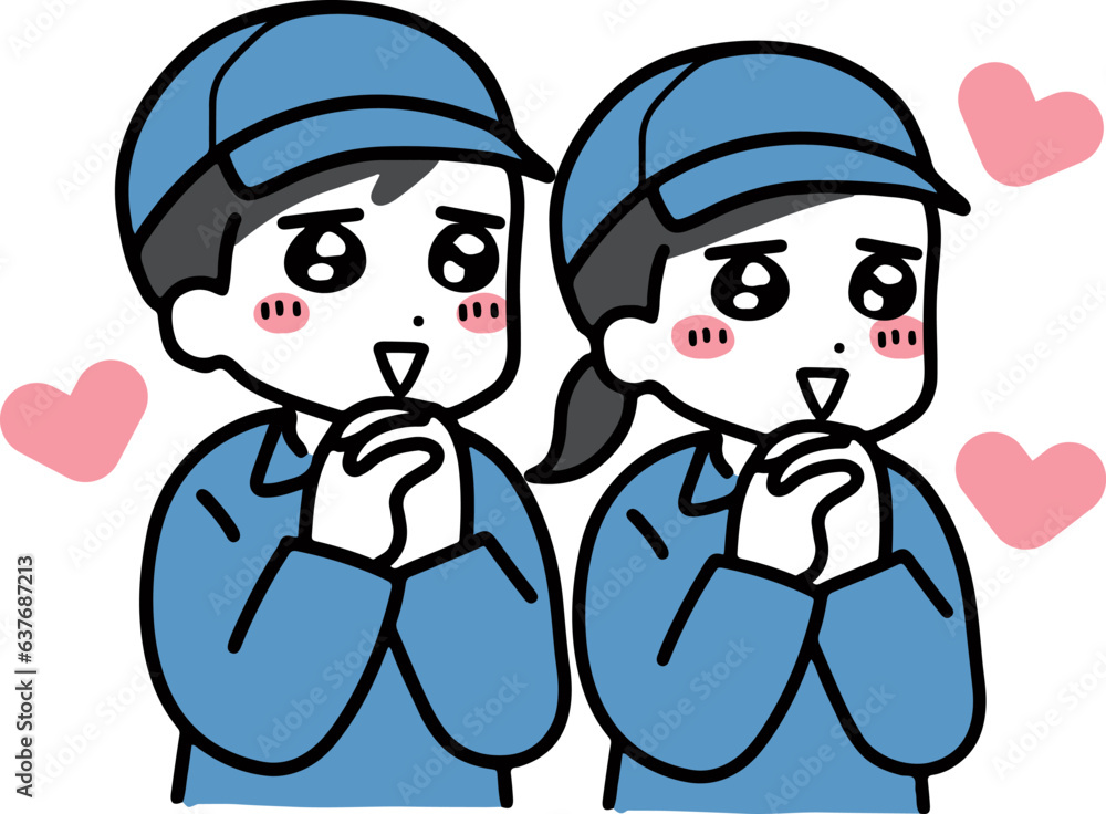 ときめいている作業服の男女 ときめいている作業服の男女