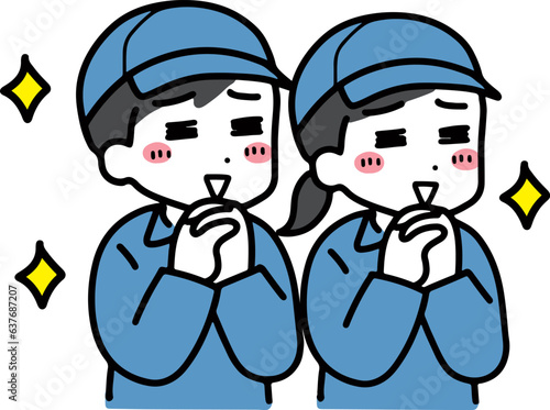 喜んでいる作業服の若い男女(上半身)