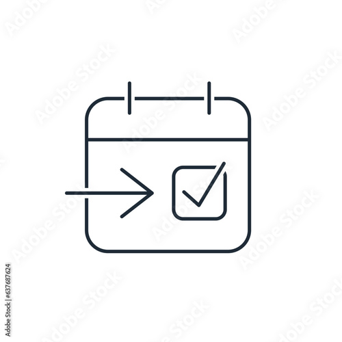 A calendar with a marked date and an arrow pointing towards it. Today. Vector linear icon isolated on white background.