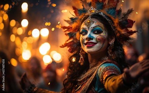 Diwali Delight: A Bengali woman in front of the mesmerizing bokeh lights of the festival.
