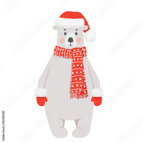 Cute polar bear in red hat, scarf and mittens. Funny vector cartoon illustration for Christmas cards and posters. Baby animal isolated on white