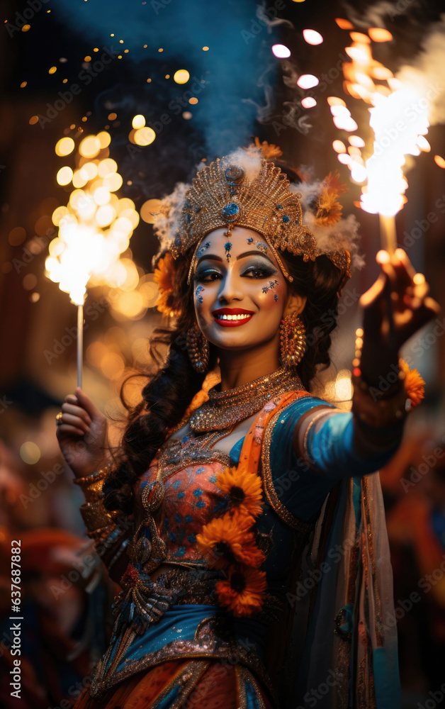 Diwali Magic: A beautiful brunette celebrates the festival against a radiant background.