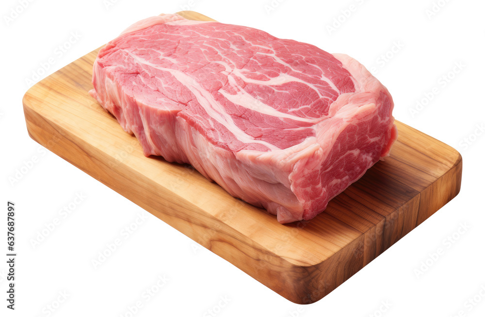 Piece of pork on cutting board isolated on transparent background, top view Piece of pork on cutting board isolated on transparent background, top view
