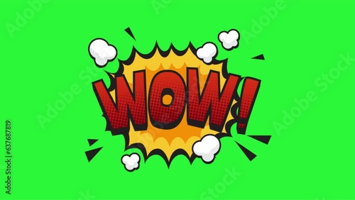 Wow pop art in comic style. cartoon bubble explosions. Wow comic text animation on green screen background.
