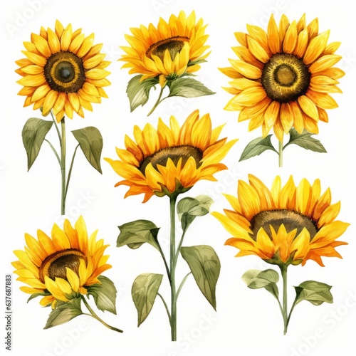 Set of watercolor illustrations of sunflowers. Watercolor floral Botanical Drawing © infinitostudio