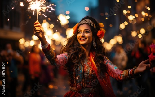 Cultural Celebration: Close-up shot of a woman at a lively Diwali street festival.