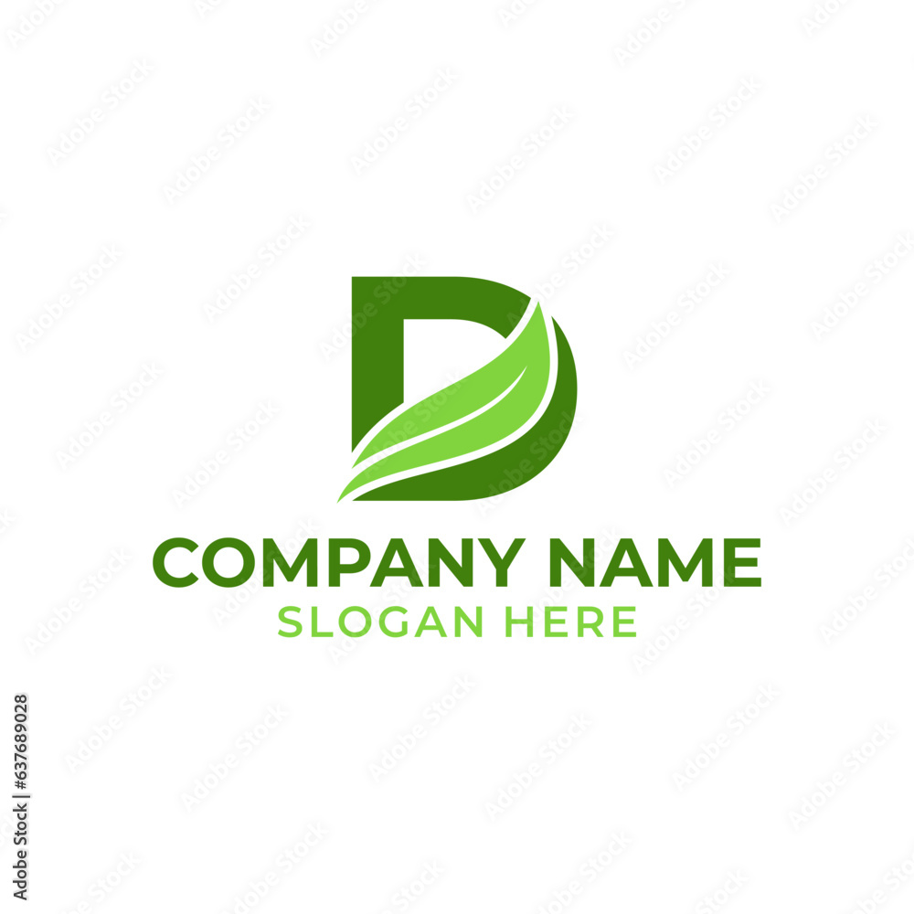 Letter D logo with leaf vector. D leaf logo template, leaf logo initials Letter D logo with leaf vector. D leaf logo template, leaf logo initials