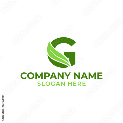 Letter G logo with leaf vector. G leaf logo template, leaf logo initials