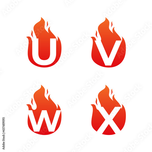 Letter flame for logo company. Letter U V W X logo flame template, fire logo initials