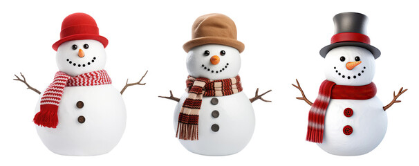 Three snowmen with hats and scarfs isolated on transparent background