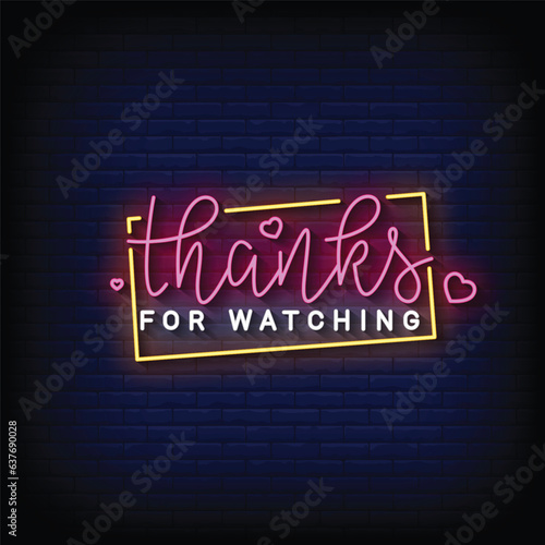 Neon Sign thanks for watching with brick wall background vector