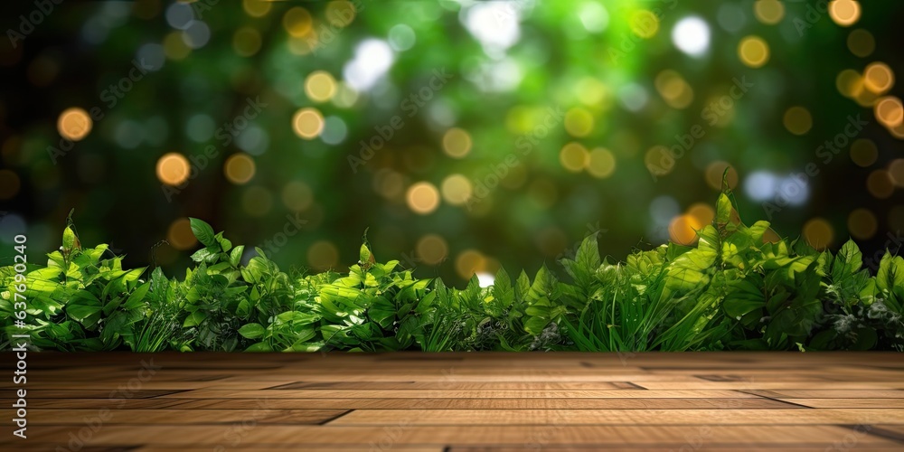 Blank beautifully decorated wooden table on blur forest background. Perfect for product display