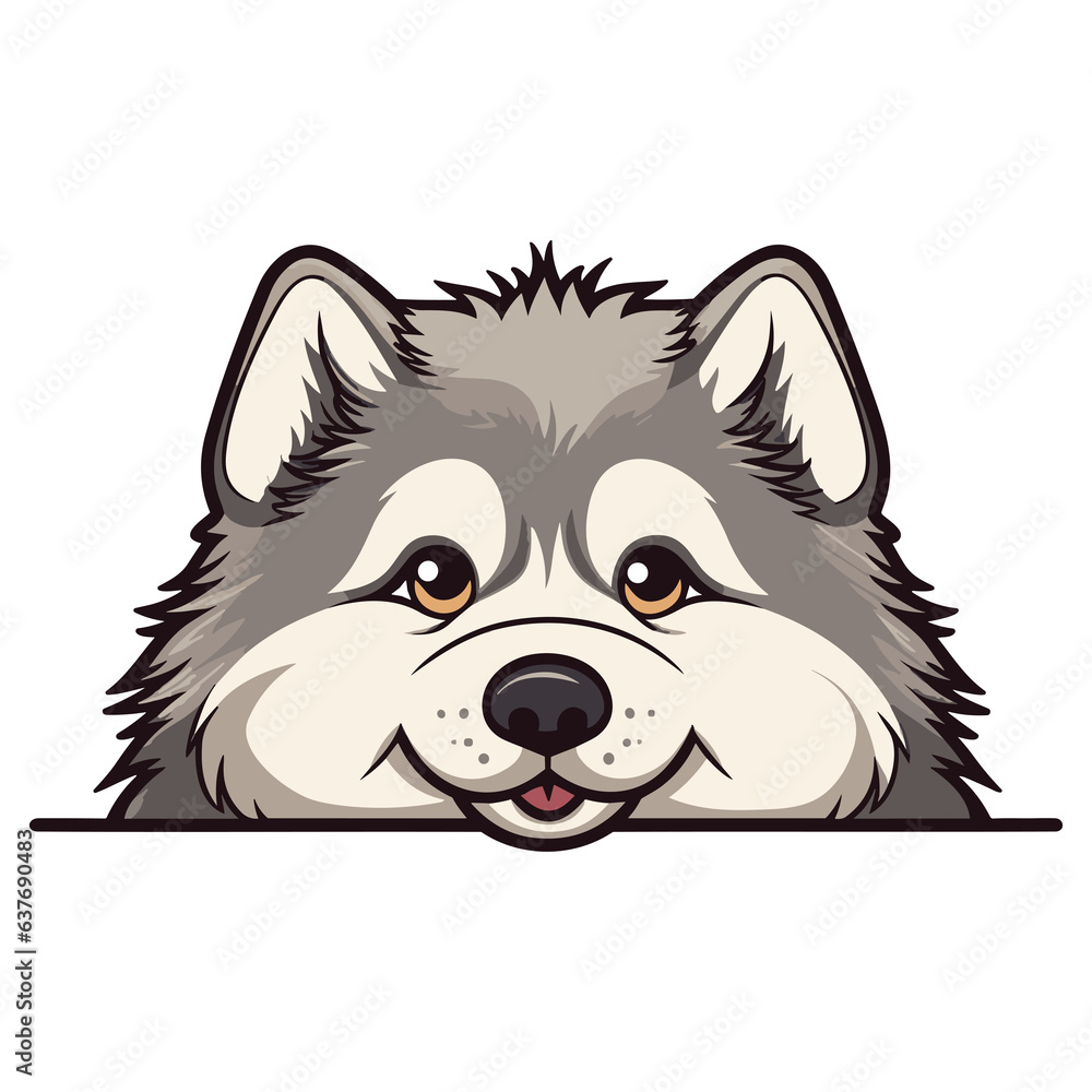 Naklejka premium Alaskan Malamute Dog peeps, Puppy Peeking Out from Behind Table with Copy Space