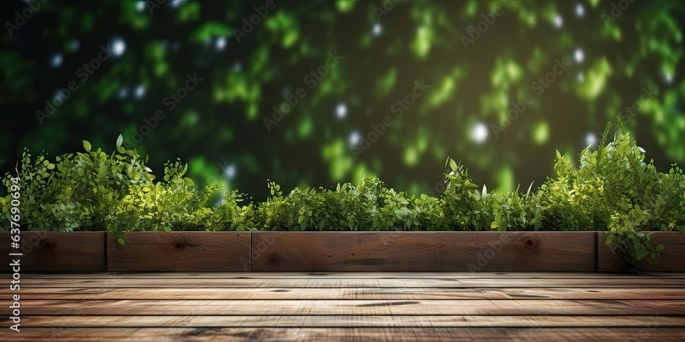 Blank beautifully decorated wooden table on blur forest background. Perfect for product display