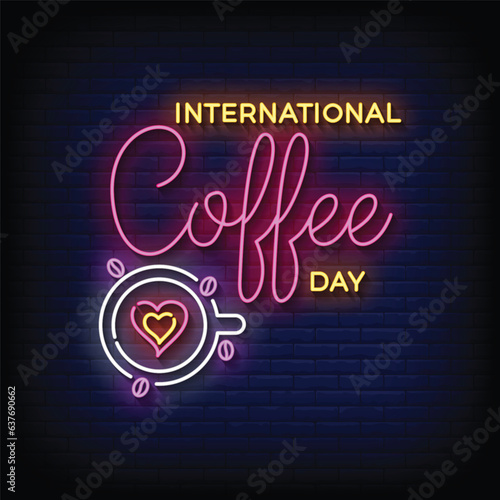 Neon Sign international coffee day with brick wall background vector