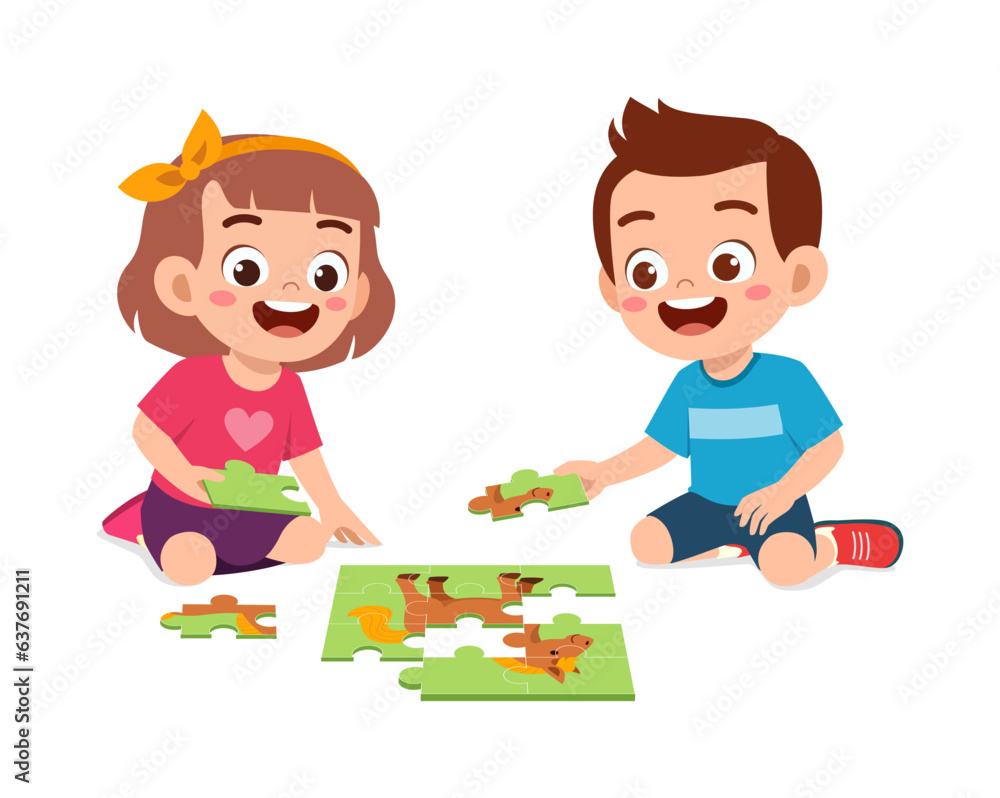 little kid play puzzle with friend and feels happy little kid play puzzle with friend and feels happy