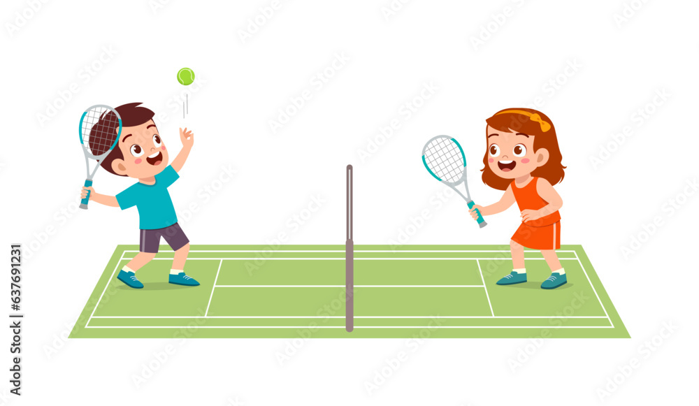 Fototapeta premium little kid playing tennis with friend and feeling happy