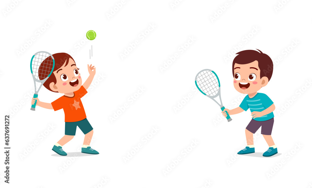little kid playing tennis with friend and feeling happy