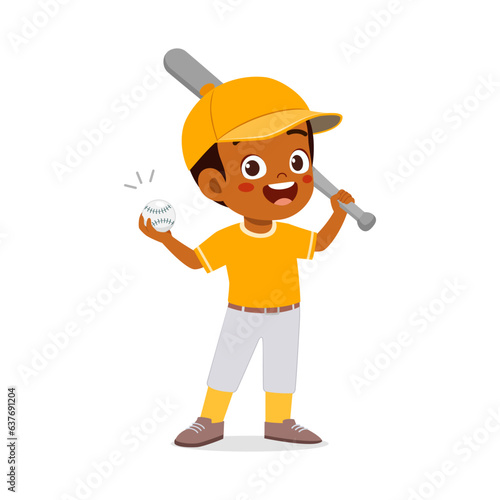 little kid holding baseball bat and feeling happy