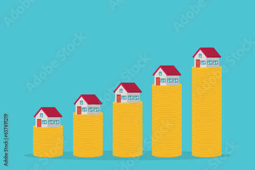 Homes increasing in value. Real estate trading up. coin stack arrow up with house. Vector illustration flat design.