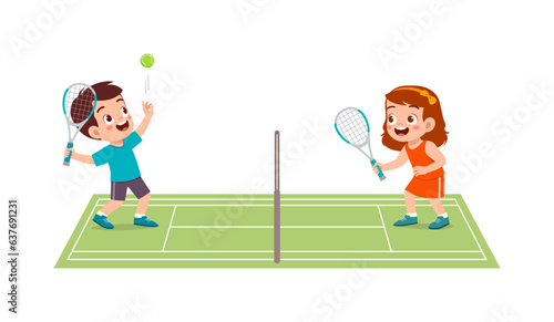 little kid playing tennis with friend and feeling happy