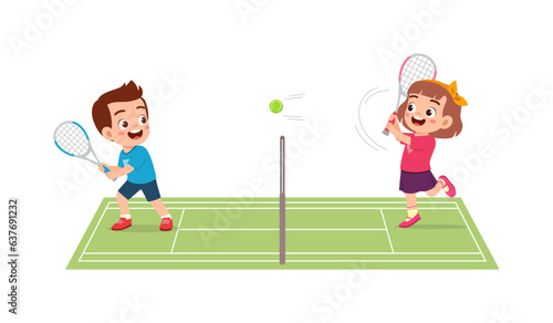 little kid playing tennis with friend and feeling happy