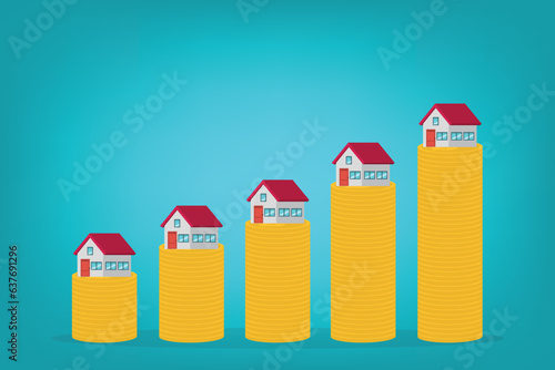 Homes increasing in value. Real estate trading up. coin stack arrow up with house. Vector illustration flat design.