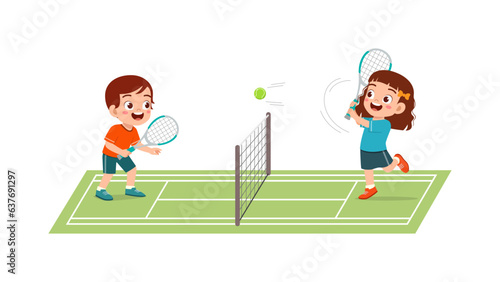 little kid playing tennis with friend and feeling happy