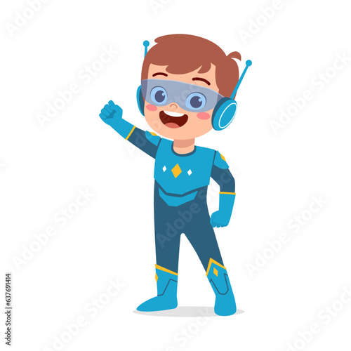 little kid wearing super hero costume and feel happy