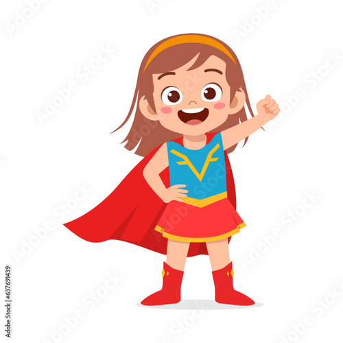 little kid wearing super hero costume and feel happy