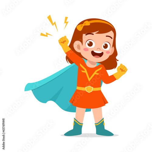 little kid wearing super hero costume and feel happy