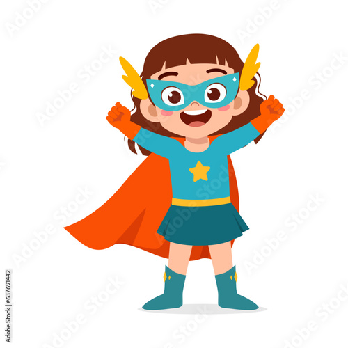 little kid wearing super hero costume and feel happy