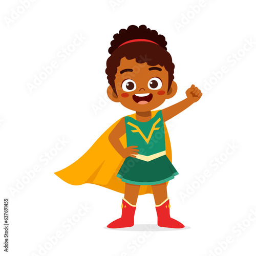 little kid wearing super hero costume and feel happy