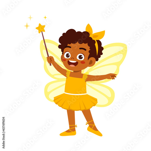 little kid wearing fairy costume and feel happy